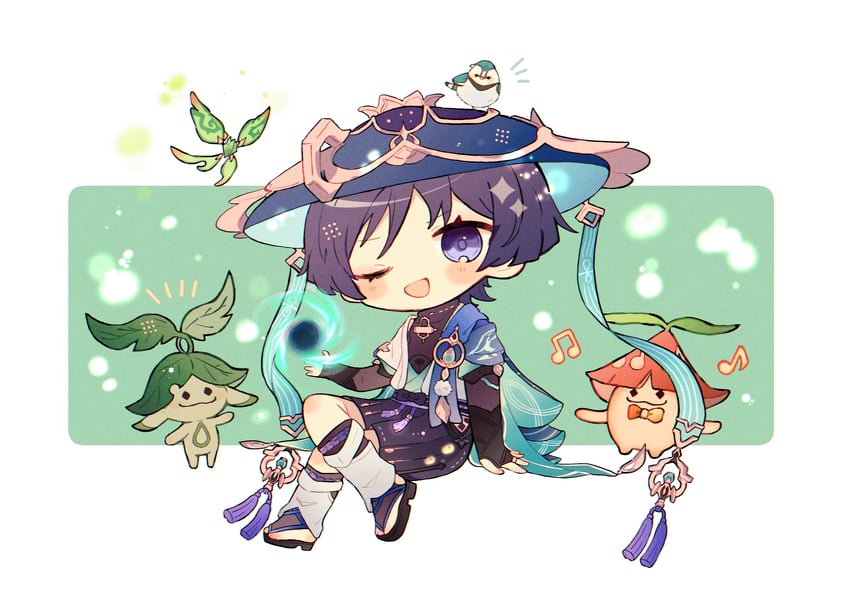 scaramouche, wanderer, aranara, and crystalfly (genshin impact) drawn by poe_www