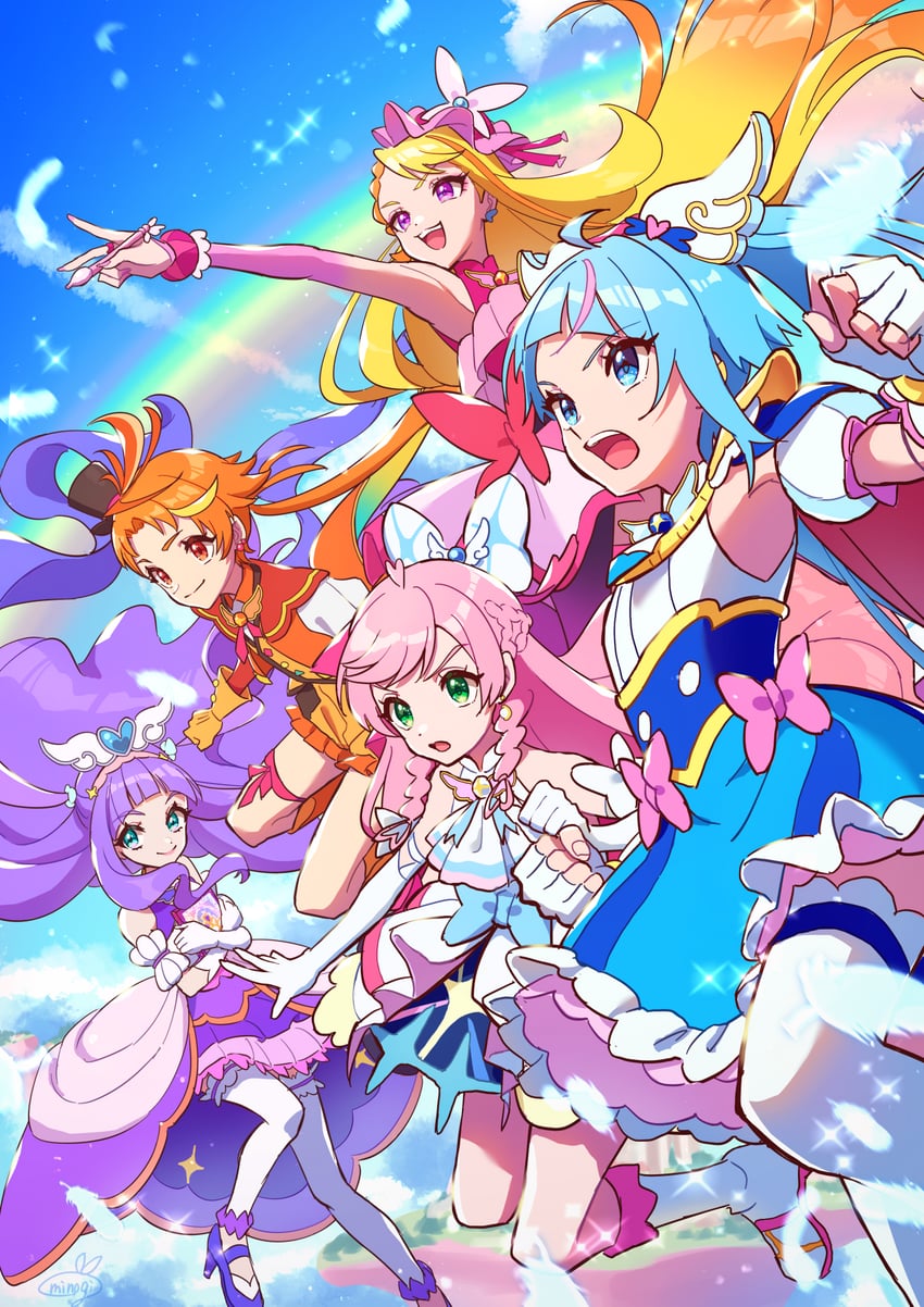 sora harewataru, nijigaoka mashiro, cure sky, hijiri ageha, cure prism, and 5 more (precure and 1 more) drawn by minogi1029