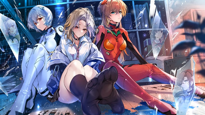 souryuu asuka langley, ayanami rei, makinami mari illustrious, ein, rei, and 1 more (neon genesis evangelion and 1 more) drawn by hirai_yuzuki