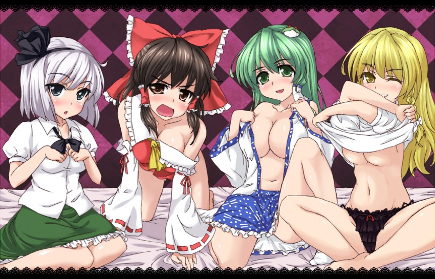 hakurei reimu, kirisame marisa, kochiya sanae, and konpaku youmu (touhou) drawn by sama_samasa
