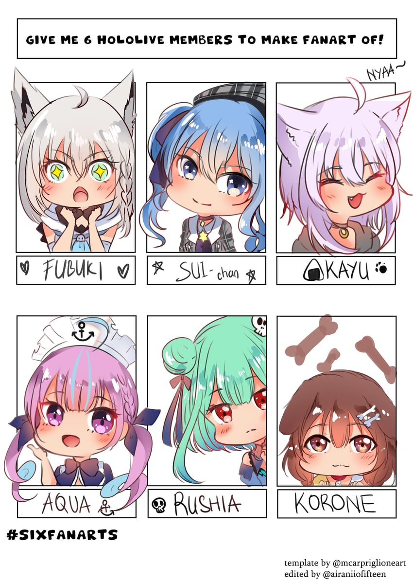 shirakami fubuki, hoshimachi suisei, nekomata okayu, minato aqua, inugami korone, and 1 more (hololive) drawn by airani_iofifteen_(artist)
