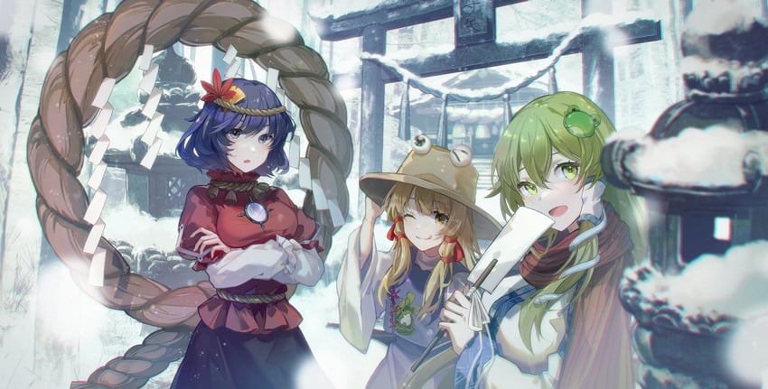 kochiya sanae, moriya suwako, and yasaka kanako (touhou) drawn by kyusoukyu