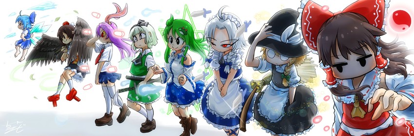 hakurei reimu, kirisame marisa, izayoi sakuya, kochiya sanae, konpaku youmu, and 3 more (touhou) drawn by chamaji
