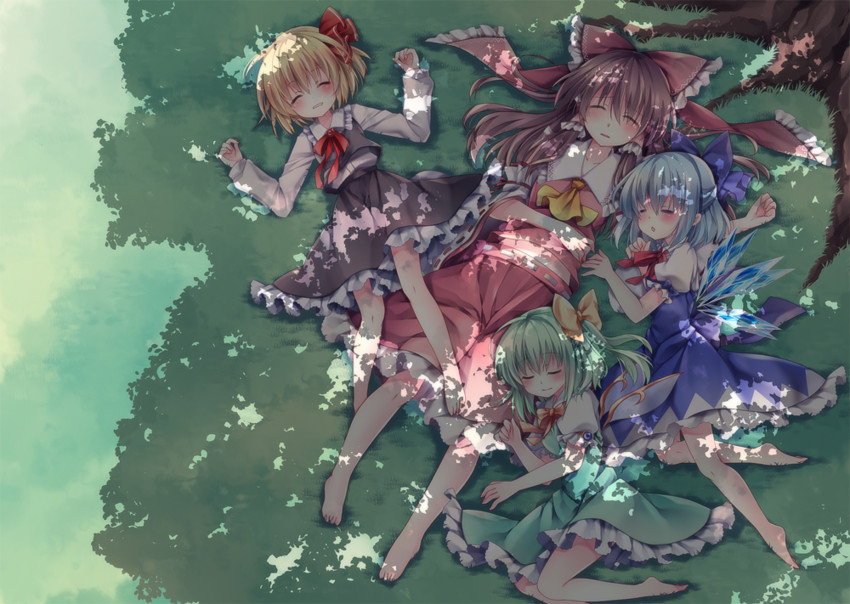 hakurei reimu, cirno, rumia, and daiyousei (touhou) drawn by mikazuki_sara