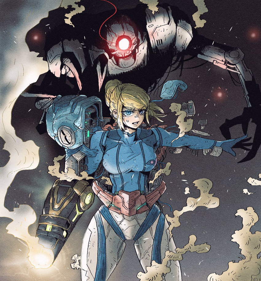 samus aran and e.m.m.i. (metroid and 1 more) drawn by han_gong