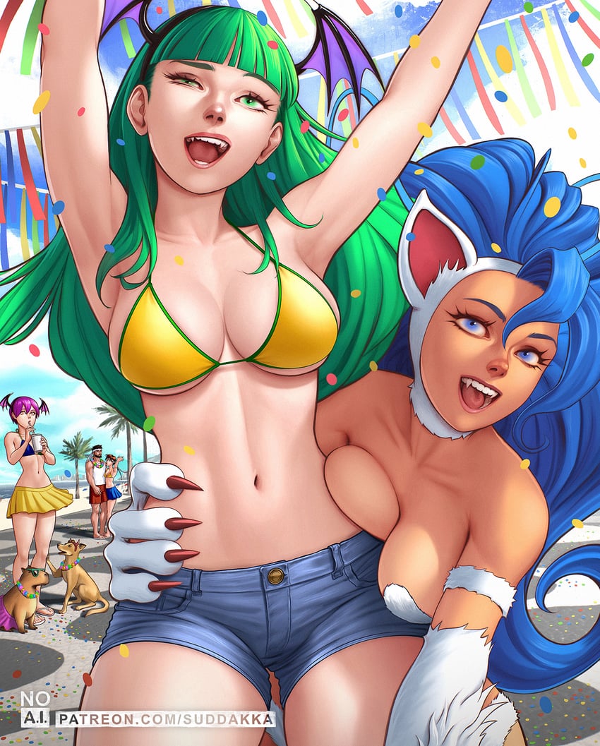 morrigan aensland, lilith, ryu, felicia, and kasugano sakura (street fighter and 2 more) drawn by suddakka