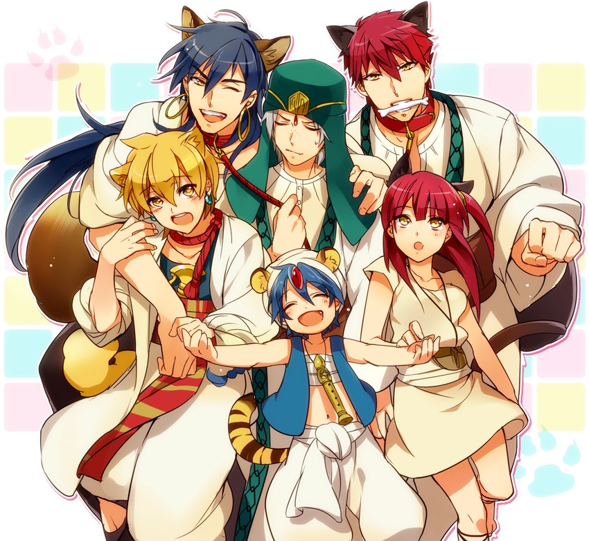 morgiana, aladdin, alibaba saluja, sinbad, ja'far, and 1 more (magi the labyrinth of magic) drawn by matsuo_shin