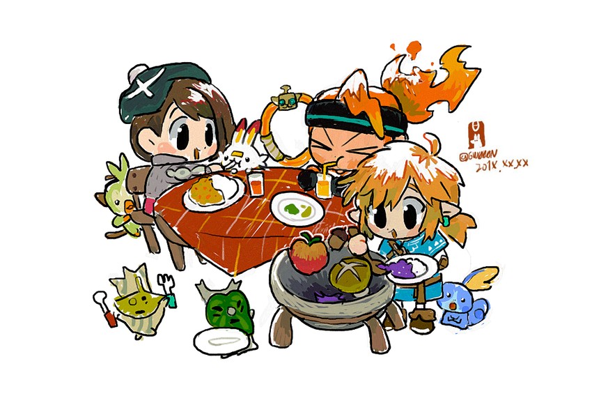 link, gloria, scorbunny, sobble, grookey, and 3 more (pokemon and 5 more) drawn by gw000n