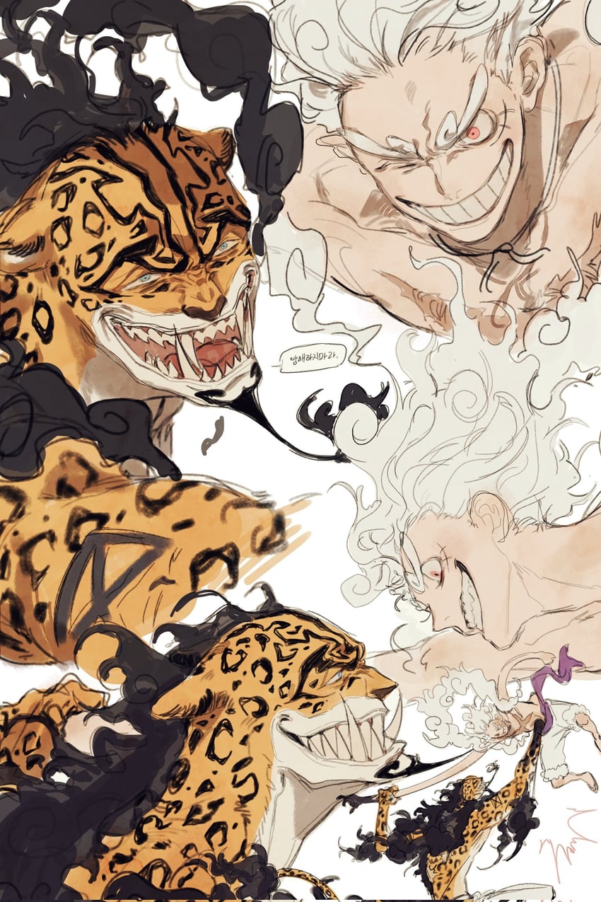 monkey d. luffy and rob lucci (one piece) drawn by mnnd