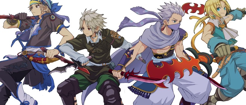 zidane tribal, locke cole, thancred waters, and edward geraldine (final fantasy and 6 more) drawn by ichi_(pixiv6373491)