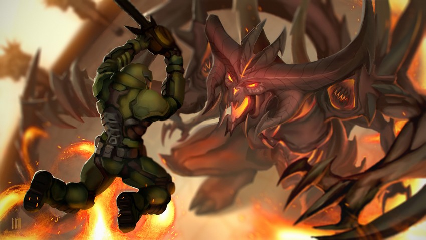 doomguy and diablo (diablo and 2 more) drawn by andrew_wong