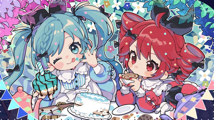 hatsune miku and kasane teto (vocaloid and 2 more) drawn by jikuno
