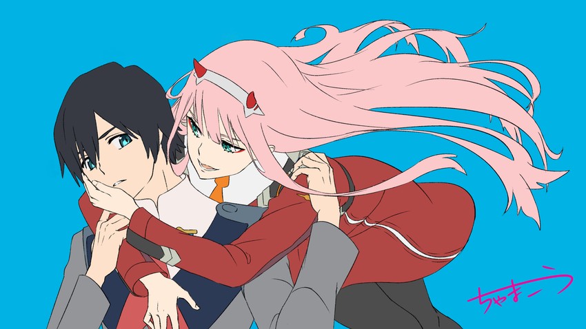 zero two and hiro (darling in the franxx) drawn by chama_kou