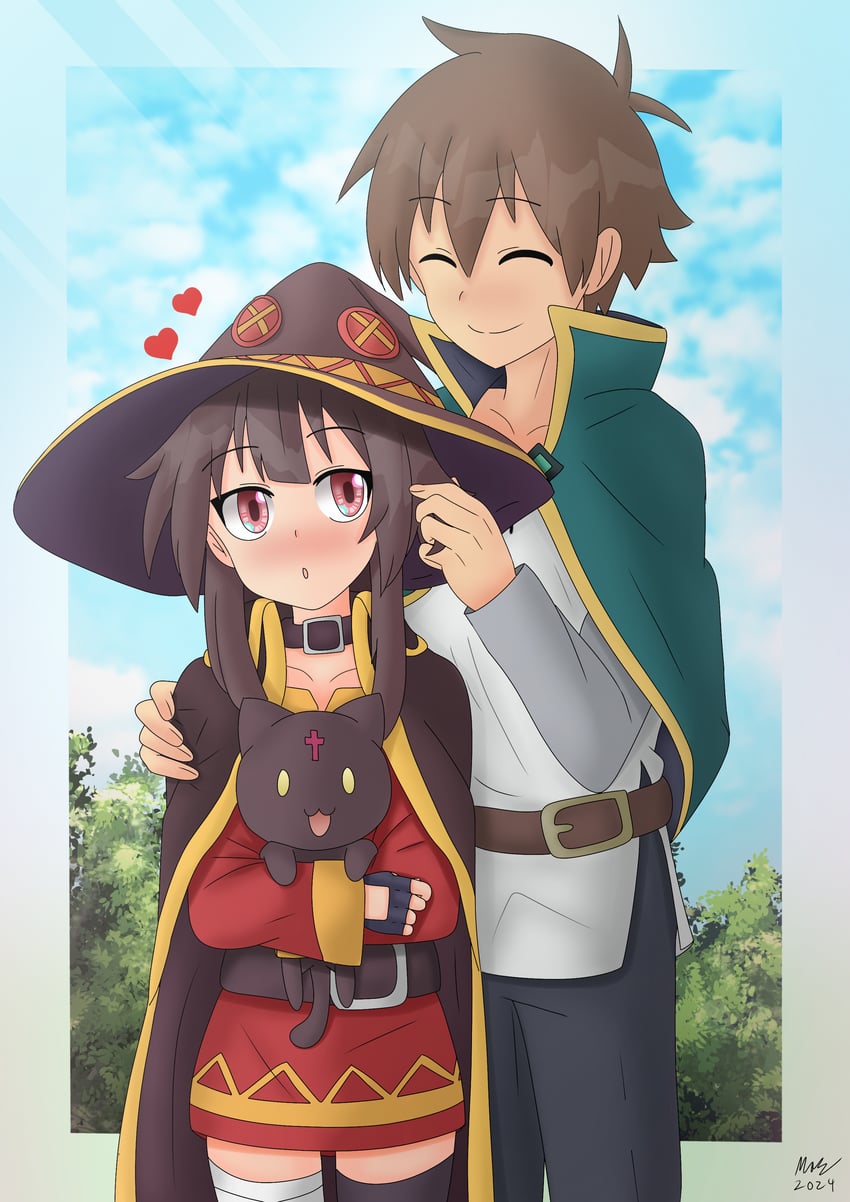 megumin, satou kazuma, and chomusuke (kono subarashii sekai ni shukufuku wo!) drawn by kaschmatz