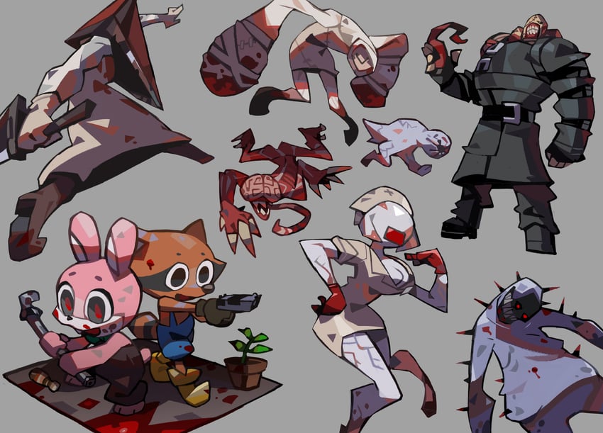 pyramid head, bubble head nurse, nemesis, robbie the rabbit, licker, and 4 more (resident evil and 6 more) drawn by niking