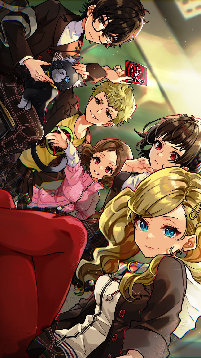 amamiya ren, takamaki anne, niijima makoto, okumura haru, sakamoto ryuuji, and 1 more (persona and 1 more) drawn by kamo860