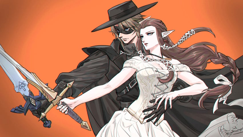link, princess zelda, zorro, and elena de la vega (the legend of zelda and 2 more) drawn by kurokawa_karasu