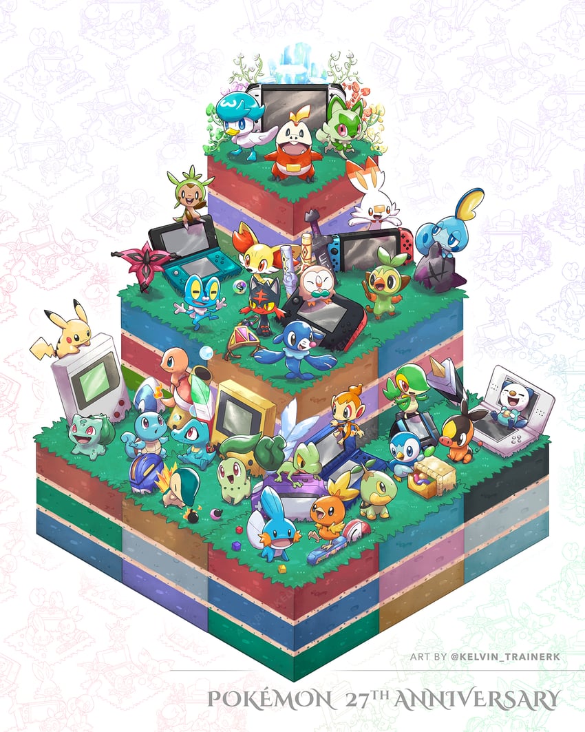pikachu, rowlet, piplup, bulbasaur, sprigatito, and 23 more (pokemon) drawn by kelvin-trainerk