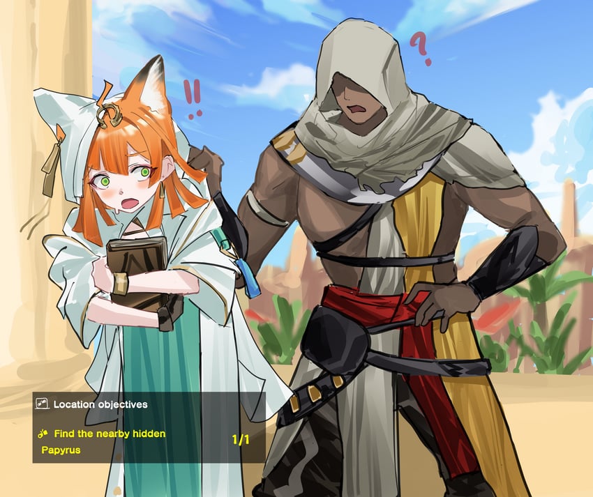 papyrus and bayek (arknights and 2 more) drawn by yazu_(zoddiacz)