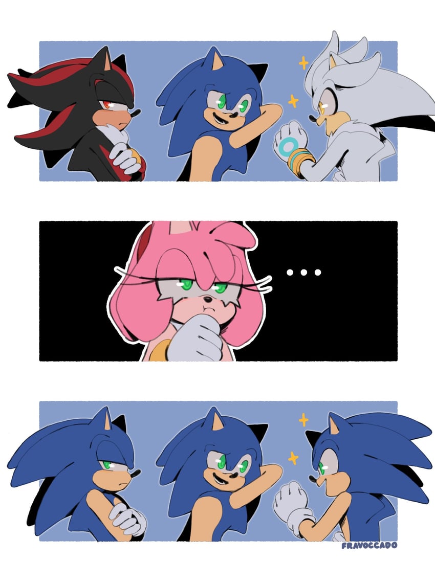 sonic the hedgehog, shadow the hedgehog, amy rose, and silver the hedgehog (sonic) drawn by fravoccado