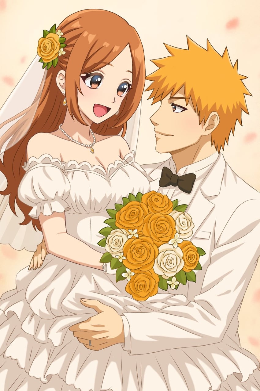 inoue orihime and kurosaki ichigo (bleach) drawn by b_eaka