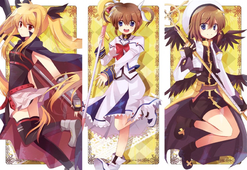 fate testarossa, takamachi nanoha, yagami hayate, raising heart, schwertkreuz, and 1 more (lyrical nanoha and 2 more) drawn by chocho_(homelessfox)