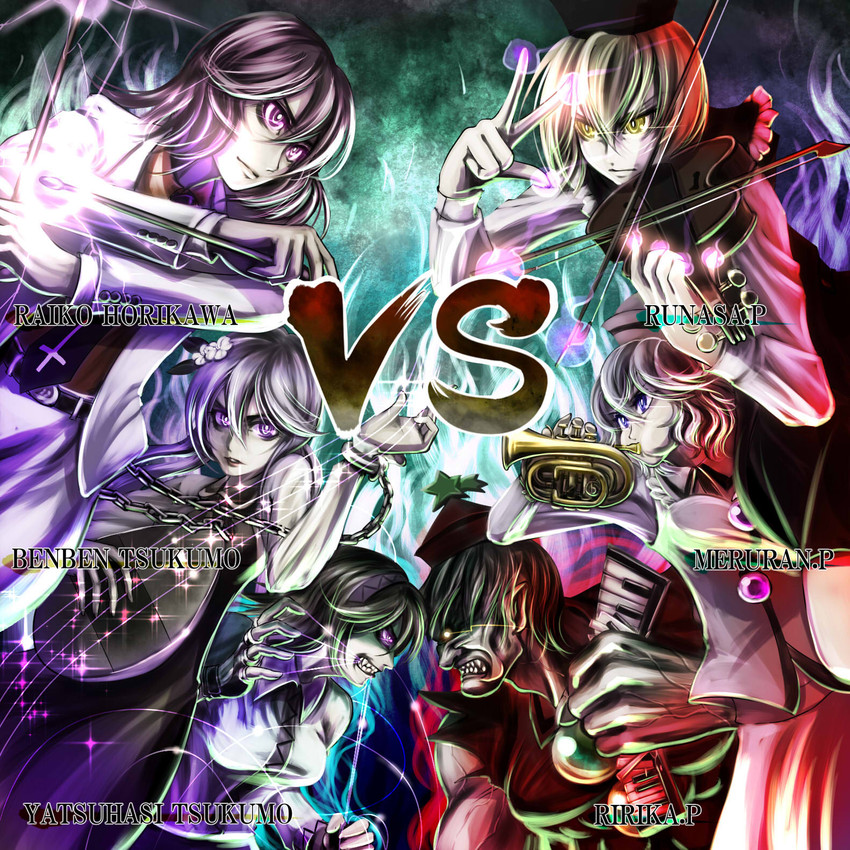 lunasa prismriver, merlin prismriver, lyrica prismriver, horikawa raiko, tsukumo benben, and 1 more (touhou) drawn by jiraiken
