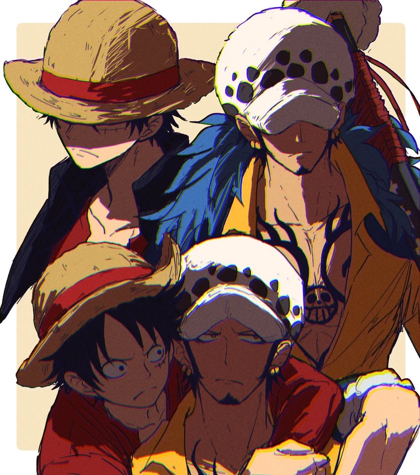 monkey d. luffy and trafalgar law (one piece) drawn by koma_heron