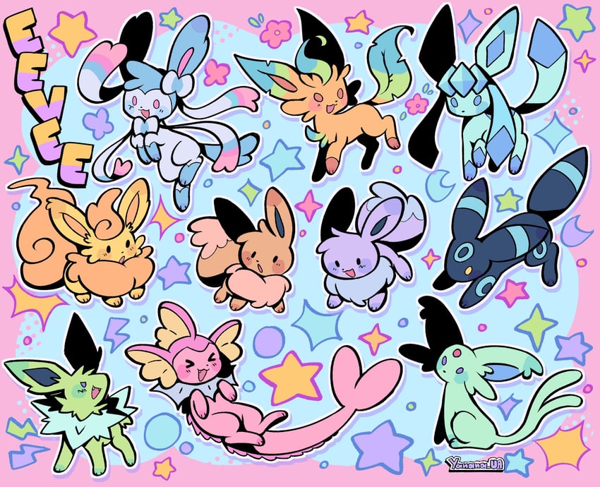 eevee, sylveon, umbreon, glaceon, vaporeon, and 4 more (pokemon) drawn by yanana_ua