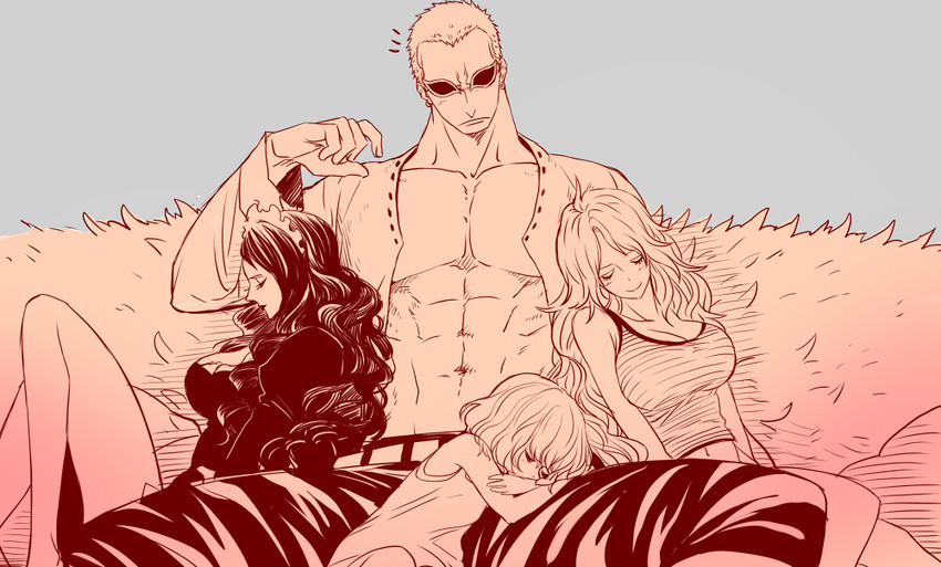 donquixote doflamingo, baby 5, monet, and sugar (one piece) drawn by kuwahara_yana