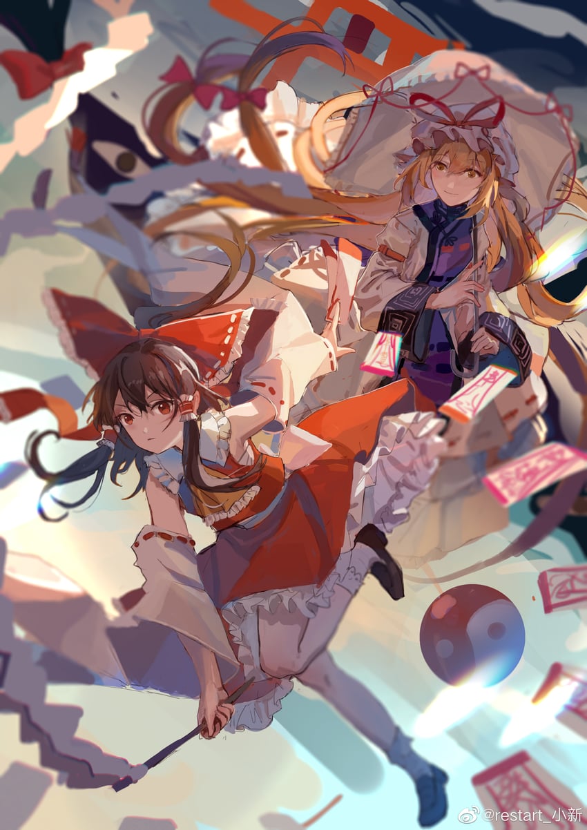hakurei reimu and yakumo yukari (touhou) drawn by qin_xin