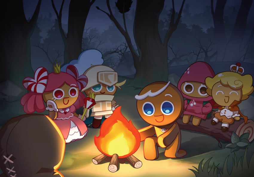 strawberry cookie, gingerbrave, custard cookie iii, princess cookie, and knight cookie (cookie run and 2 more) drawn by pikett_iv