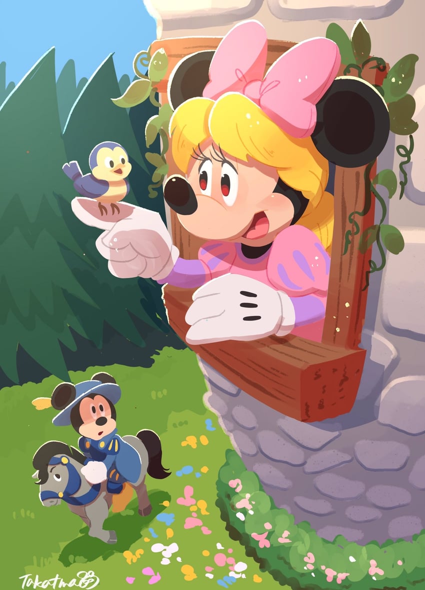 mickey mouse, minnie mouse, and rapunzel (mickey mouse & friends and 1 more) drawn by takatmaorange