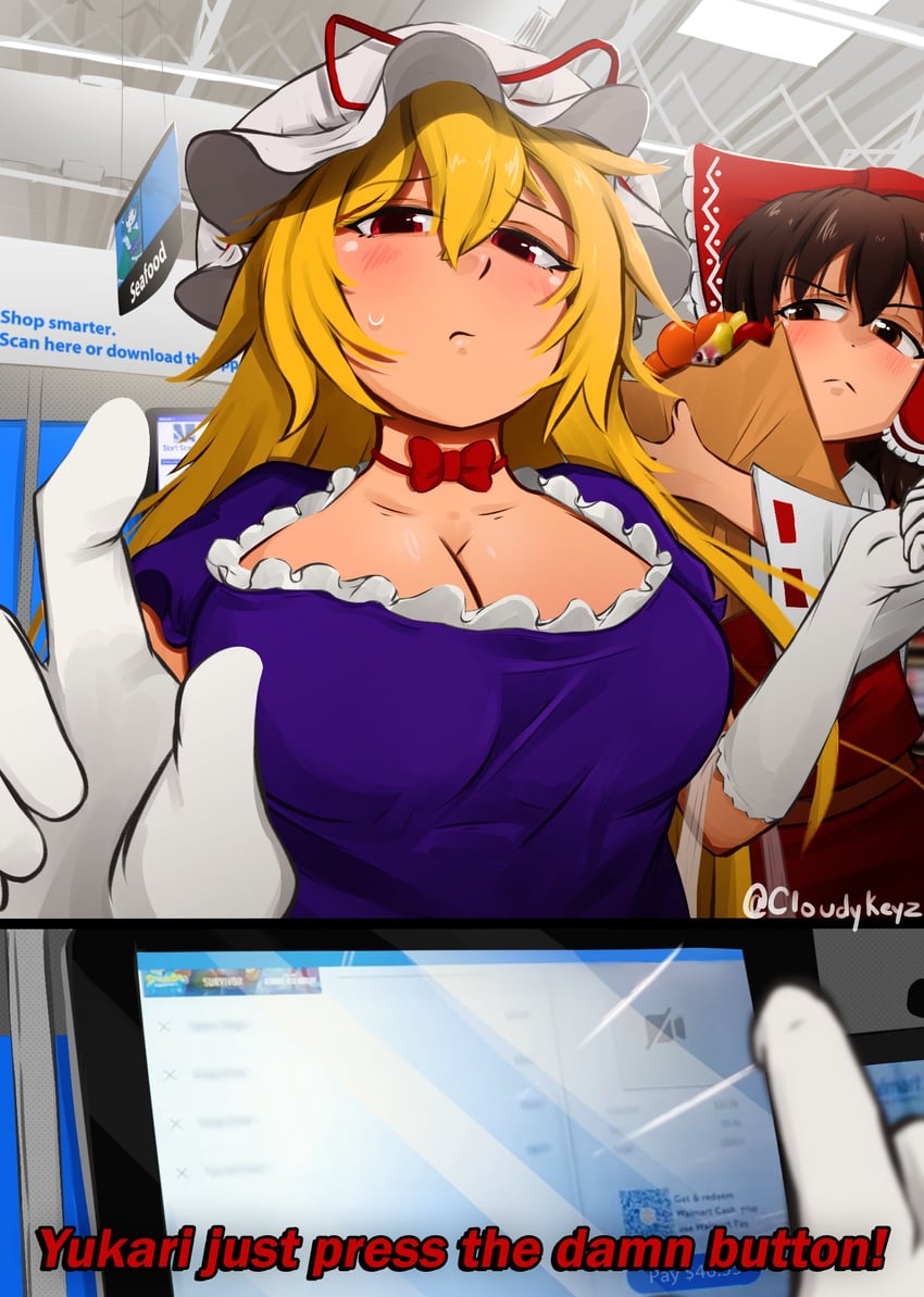 hakurei reimu, yakumo yukari, kasane teto, and wakasagihime (touhou and 2 more) drawn by cloudykeyz