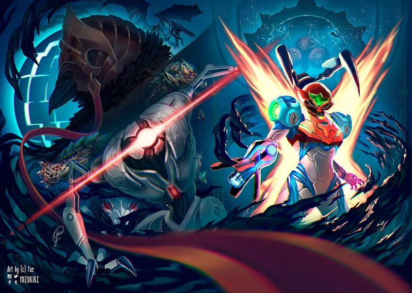samus aran, metroid, metroid larva, ridley, e.m.m.i., and 8 more (metroid and 2 more) drawn by mizukirz
