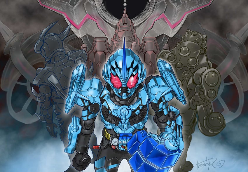 kamen rider evol, kamen rider grease, kamen rider grease blizzard, castle hazard smash, owl hazard smash, and 1 more (kamen rider and 1 more) drawn by huujyu