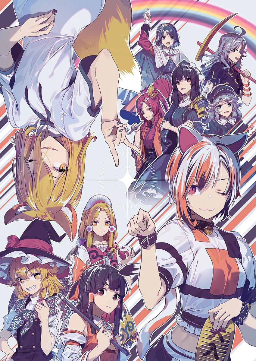 hakurei reimu, kirisame marisa, kudamaki tsukasa, iizunamaru megumu, tenkyuu chimata, and 5 more (touhou and 1 more) drawn by zounose