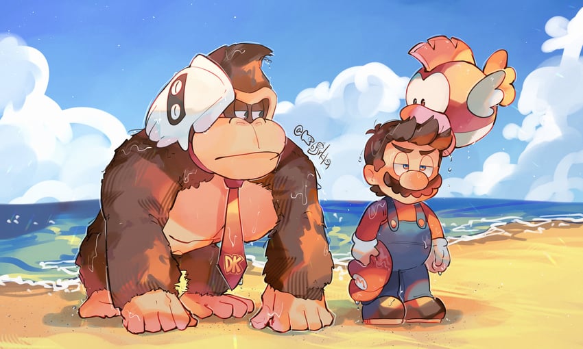 mario, donkey kong, blooper, and cheep cheep (mario and 1 more) drawn by hanaon
