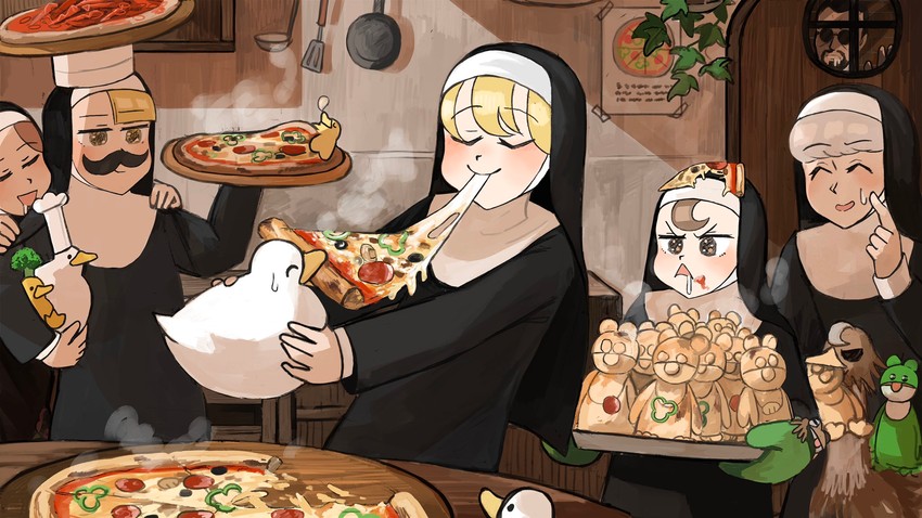 clumsy nun, froggy nun, spicy nun, sheep nun, hungry nun, and 1 more (little nuns) drawn by diva_(hyxpk)