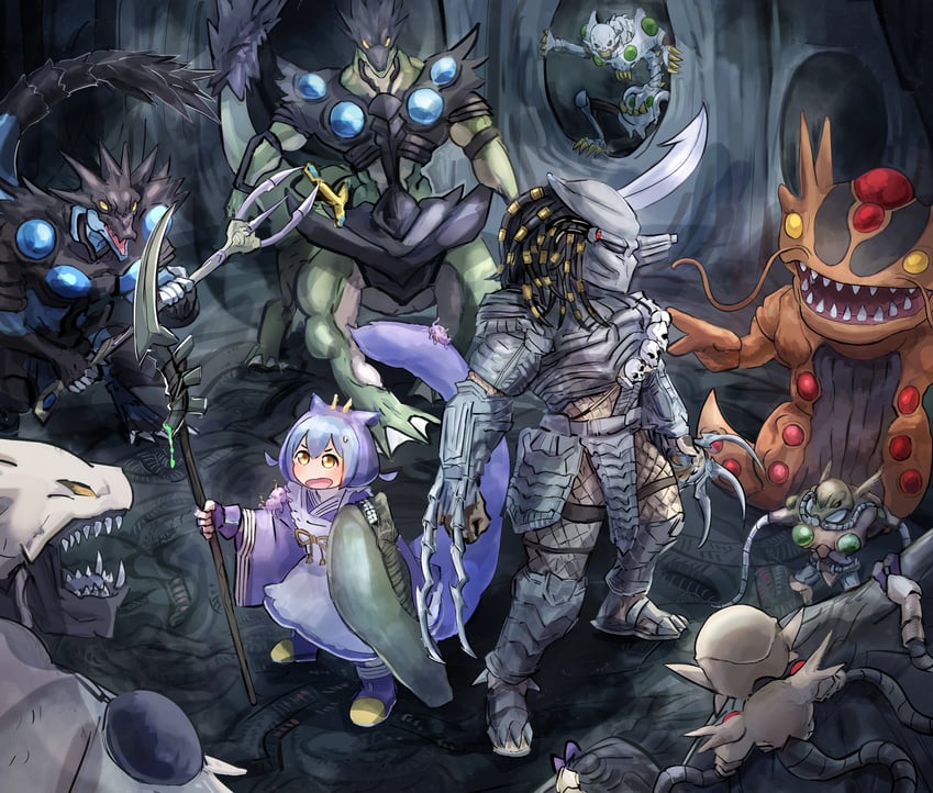 laundry dragonmaid, xenomorph, predator, alien shocktrooper, alien telepath, and 6 more (yu-gi-oh! and 3 more) drawn by hatano_kiyoshi