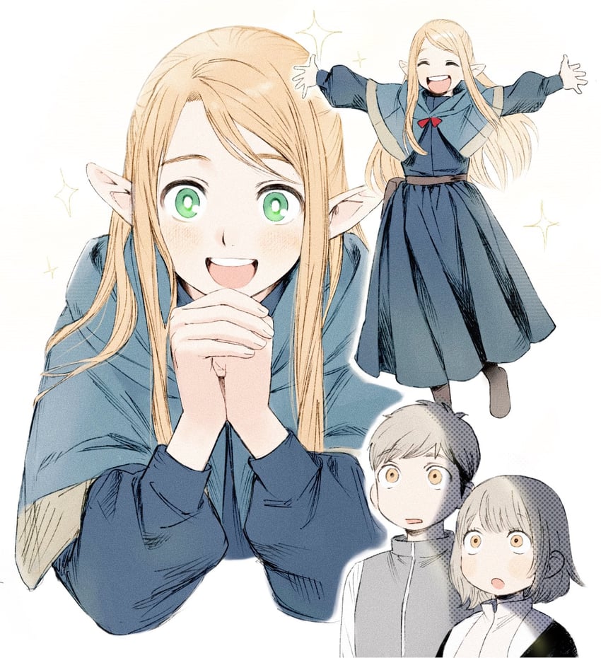 marcille donato, falin touden, and laios touden (dungeon meshi) drawn by frs2