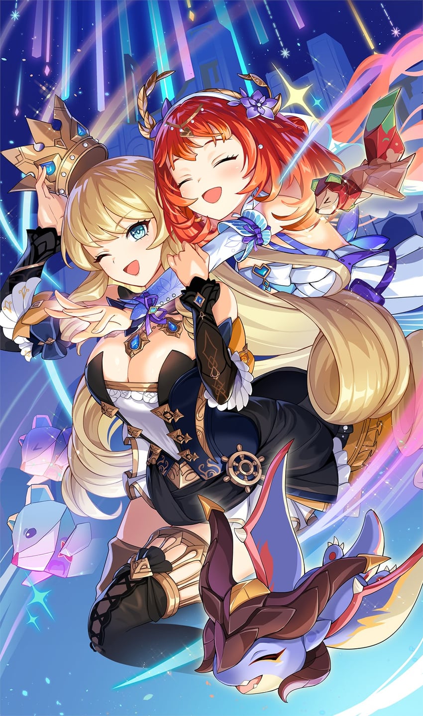 navia, nilou, and mini durin (genshin impact) drawn by yaminochannekonyan