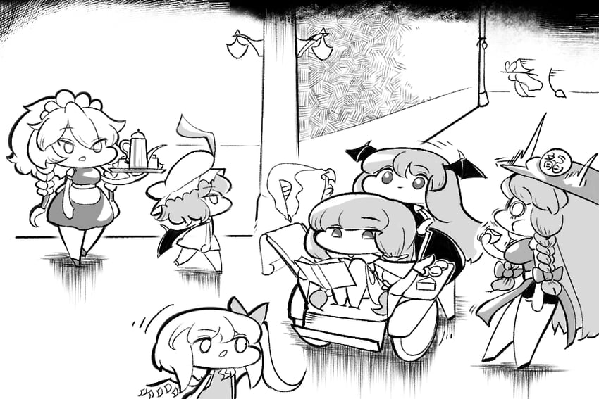 kirisame marisa, remilia scarlet, flandre scarlet, izayoi sakuya, patchouli knowledge, and 2 more (touhou and 1 more) drawn by azibuda