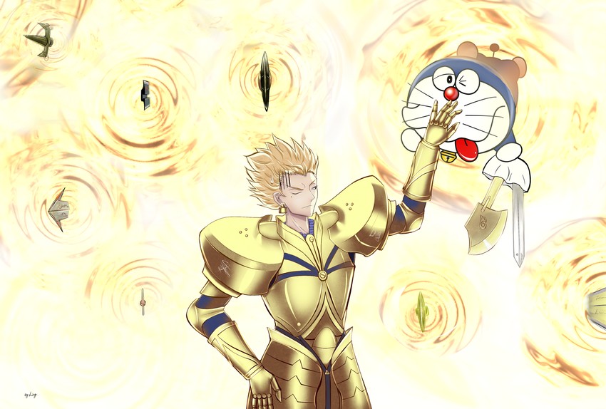 gilgamesh and doraemon (fate and 2 more) drawn by delicious_p