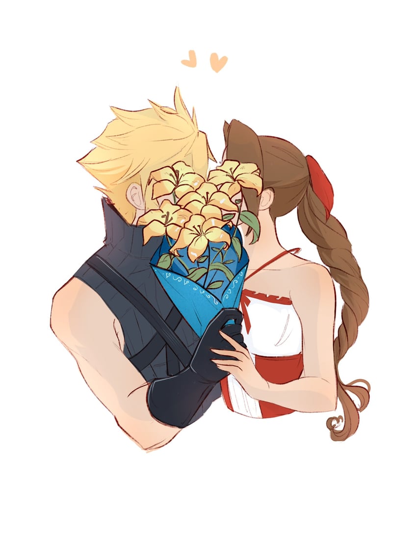 cloud strife and aerith gainsborough (final fantasy and 4 more) drawn by vanekairi