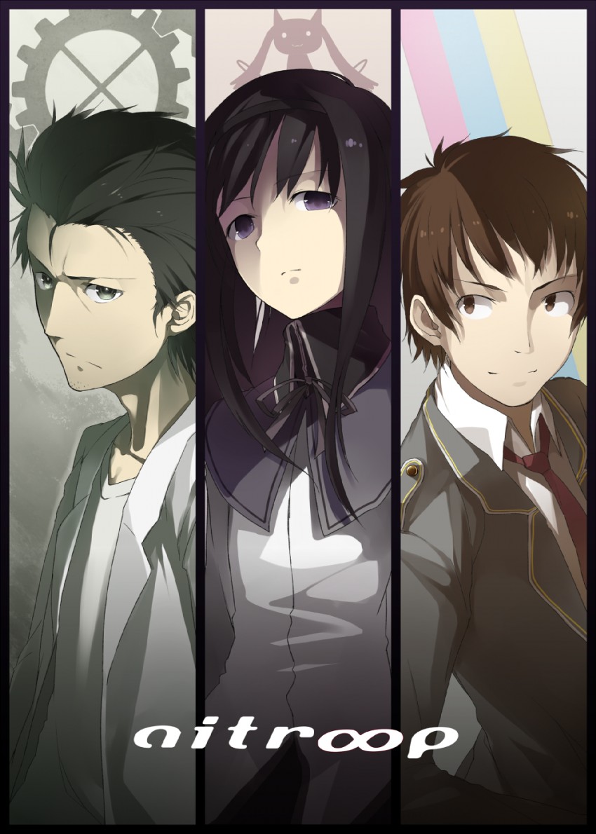 akemi homura, kyubey, okabe rintarou, and unkoman (mahou shoujo madoka magica and 3 more) drawn by en@rain