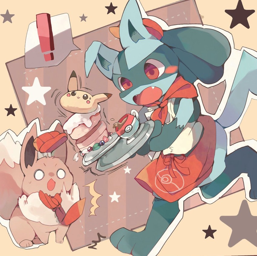 pikachu, eevee, and lucario (pokemon and 1 more) drawn by yupo_0322
