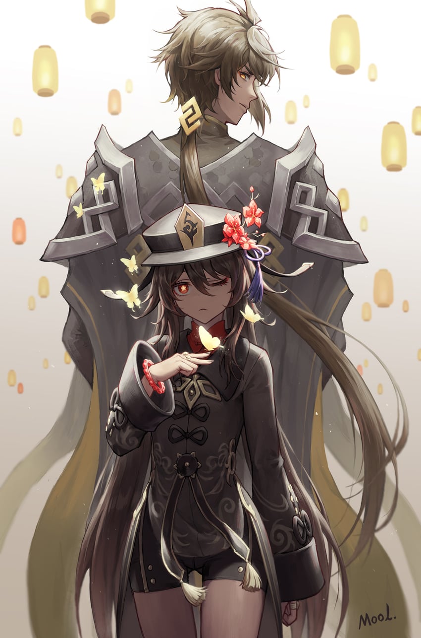 hu tao and zhongli (genshin impact) drawn by mool_yueguang