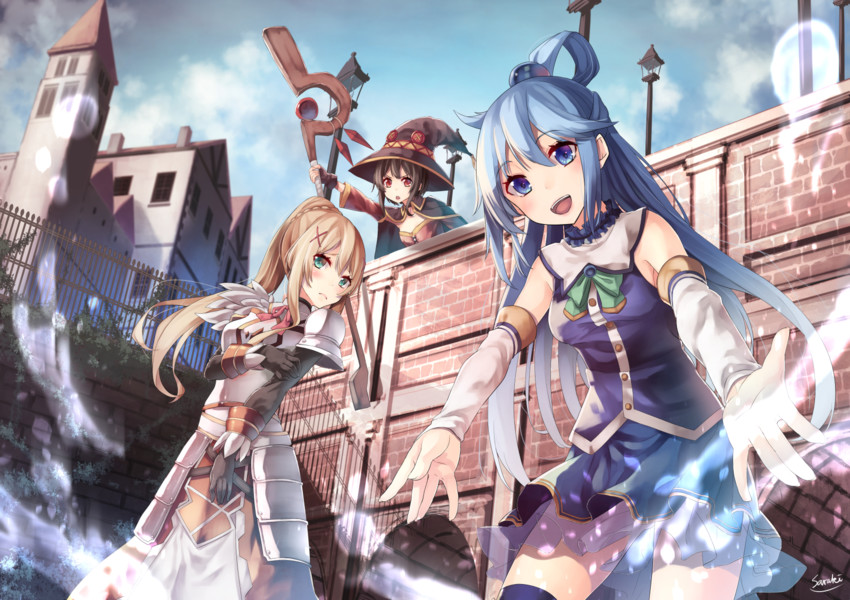 megumin, aqua, and darkness (kono subarashii sekai ni shukufuku wo!) drawn by saraki