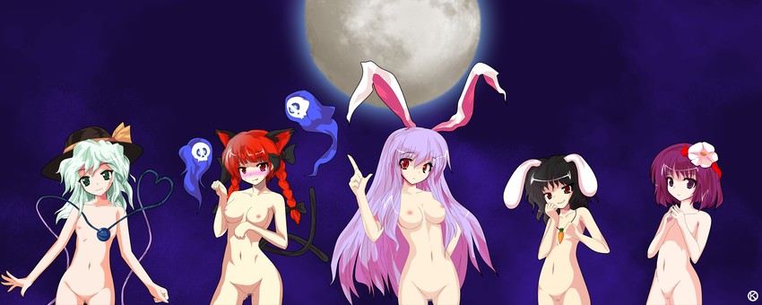 komeiji koishi, reisen udongein inaba, kaenbyou rin, inaba tewi, and hieda no akyuu (touhou) drawn by kaoru_(gensou_yuugen-an)